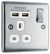 NPC21U2W Front - This 13A single power socket from British General comes with two USB charging ports allowing you to plug in an electrical device and charge mobile devices simultaneously without having to sacrifice a power socket.