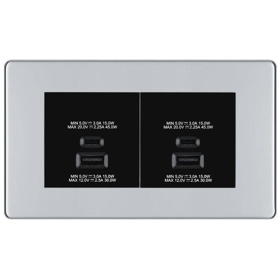 BG Screwless Polished Chrome 4G Faceplate with 45W USB A+C Charger Modules – Black Insert