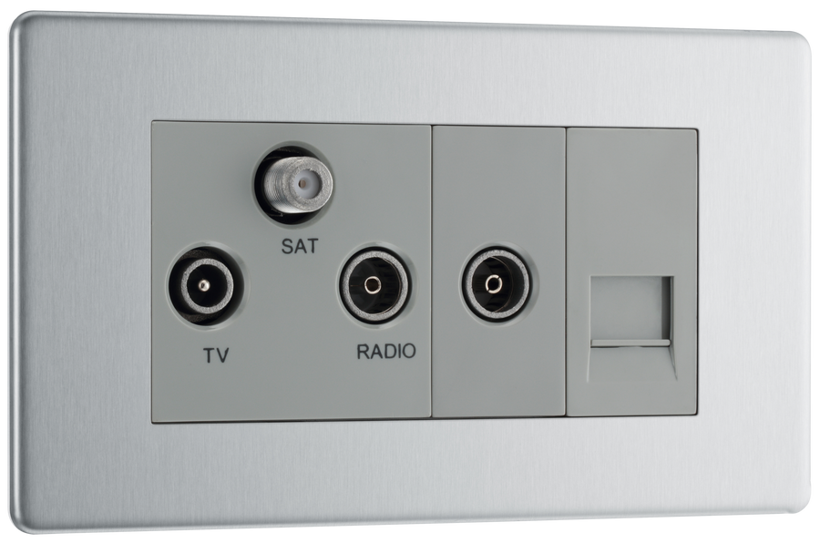 BG FBS68 Flatplate Triplex TV/FM/Sat Socket + Return & 1 Gang Tel. - Screened Brushed Steel - Grey Insert