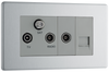 FBS68 Front - This screened Triplex socket from British General has an outlet for TV FM and satellite, plus a return and shuttered telephone socket.