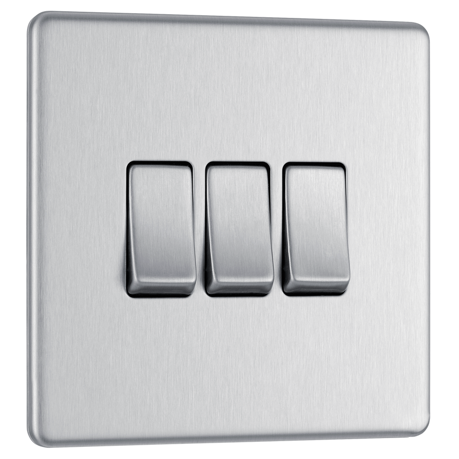 FBS43 Front - This Screwless Flat plate brushed steel finish 20A 16AX triple light switch from British General can operate 3 different lights whilst the 2 way switching allows a second switch to be added to the circuit to operate the same light from another location (e.g. at the top and bottom of the stairs).
