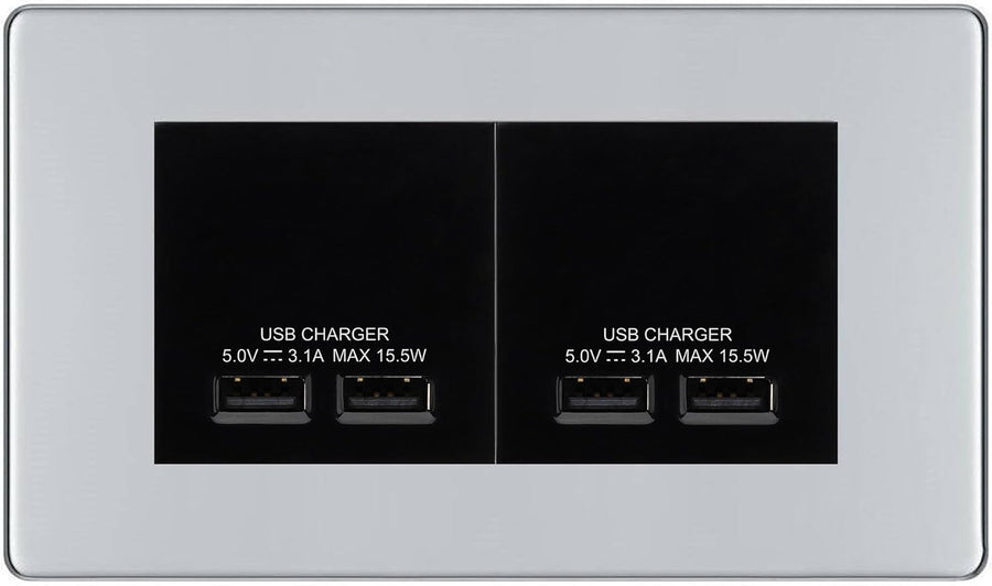 BG Polished Chrome 4G Euro Plate with 2X USB-A Dual Chargers – Black Insert