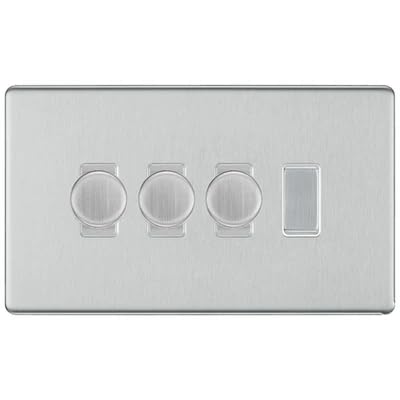 BG Screwless Brushed Steel 4 Gang Switch 3x Trailing Edge LED Dimmer 1x Intermediate Custom Grid Switch