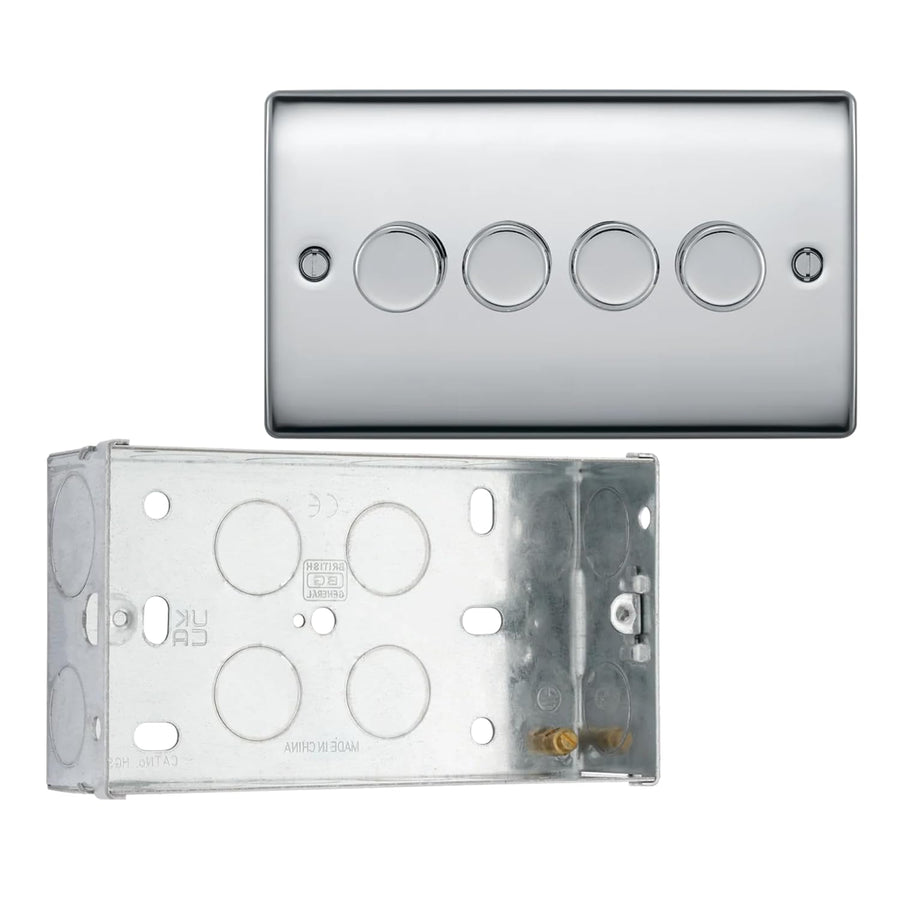 BG Nexus Polished Chrome 4 Gang 200W 2 Way Trailing Edge Push Type Dimmer Switch NPC84 with 35mm Steel Back Box