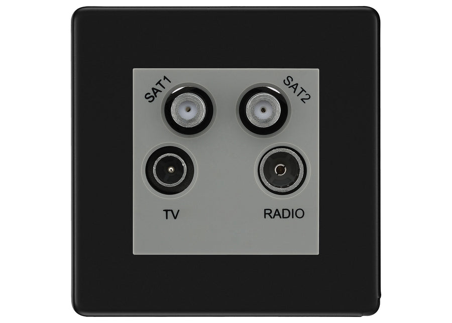 BG Screwless Matt black TV/FM/2x SAT Quadplex Socket – Grey Insert