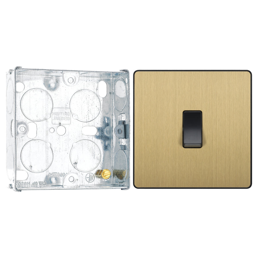 BG Evolve Satin Brass 1 Gang 20A 16AX Intermediate Light Switch PCDSB13B with 25mm Steel Back Box