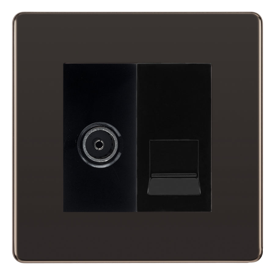 BG Screwless Black Nickel TV Aerial & BT Telephone Outlet Plate — Black Insert