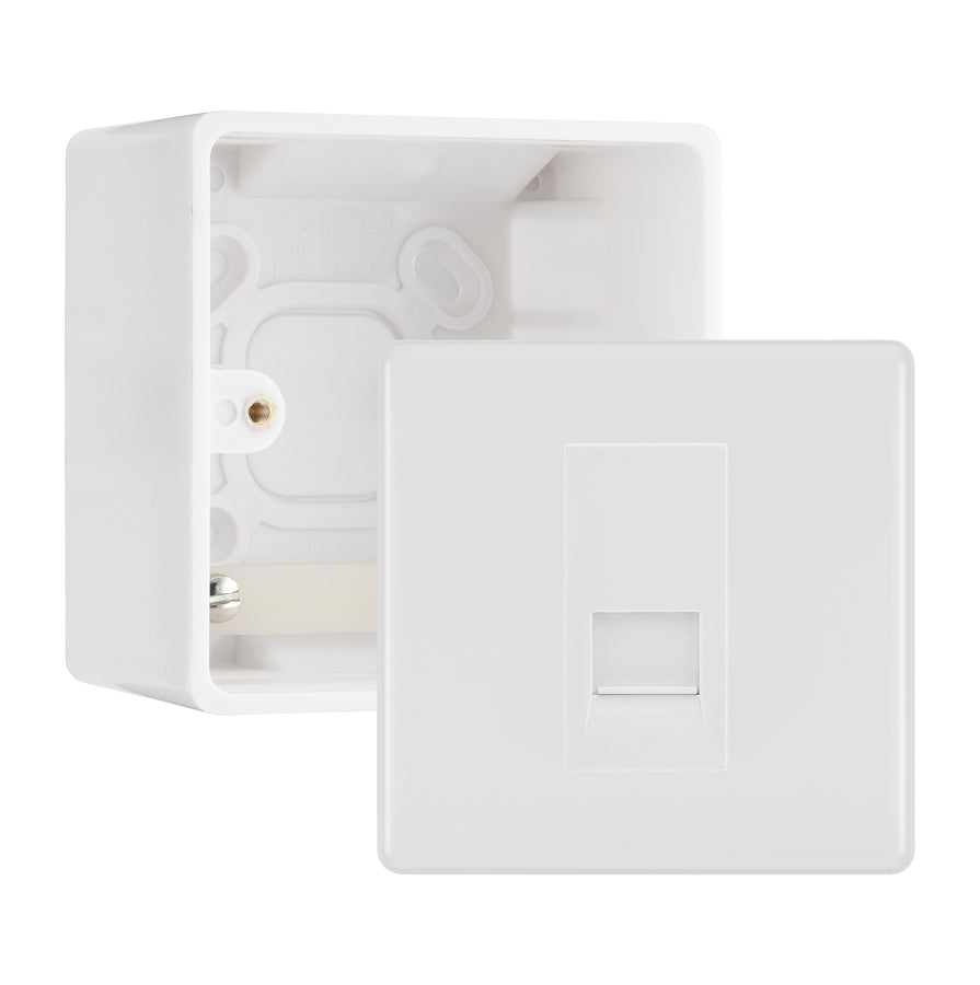 BG White Moulded Single RJ11 Telephone Socket Euro Module with 50mm Back Box - White Insert