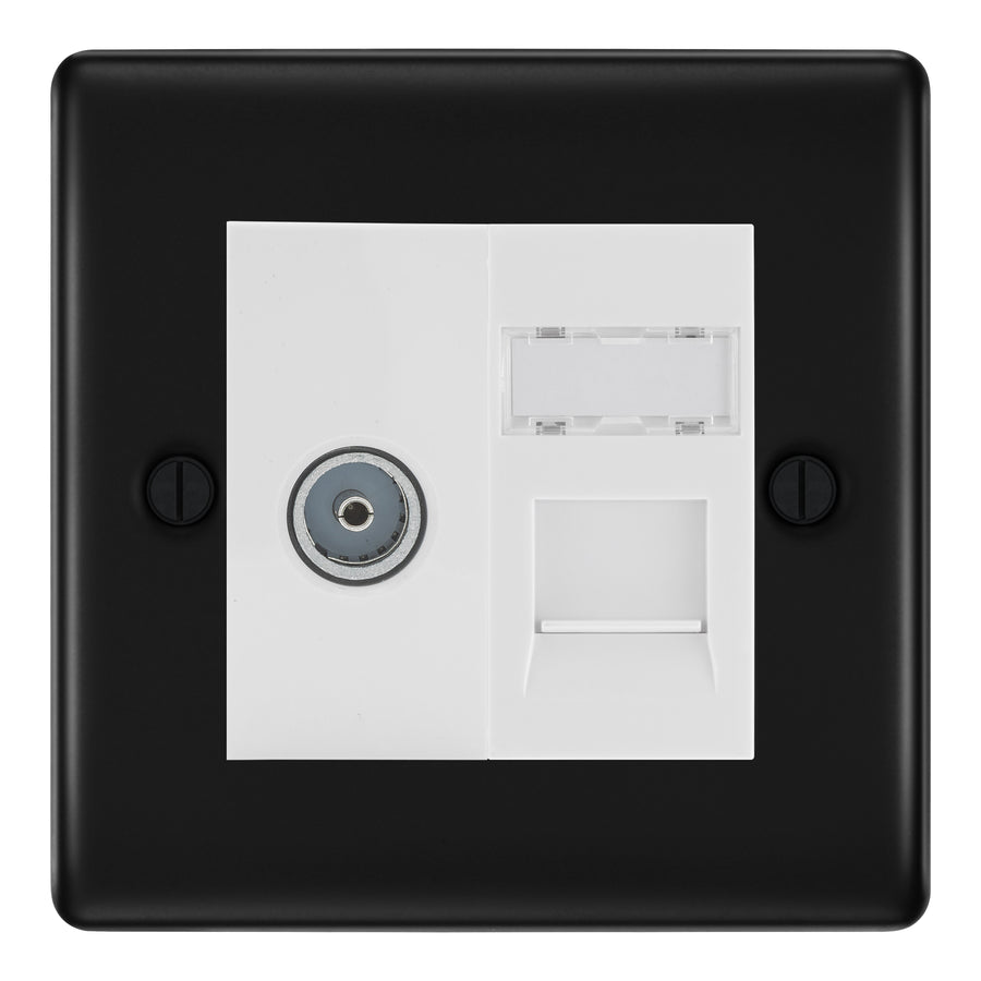 BG Nexus Matt Black TV Aerial & RJ45 CAT6 Data Socket - White Insert