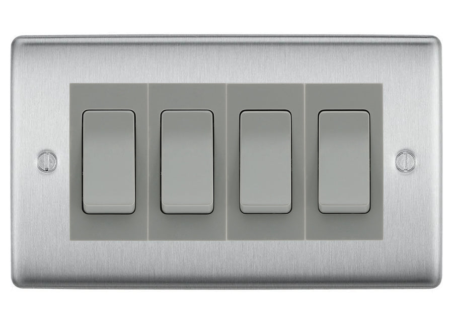 BG Nexus Brushed Steel 4-Gang Light Switch 1x 2-Way + 3x Intermediate – Grey Inserts