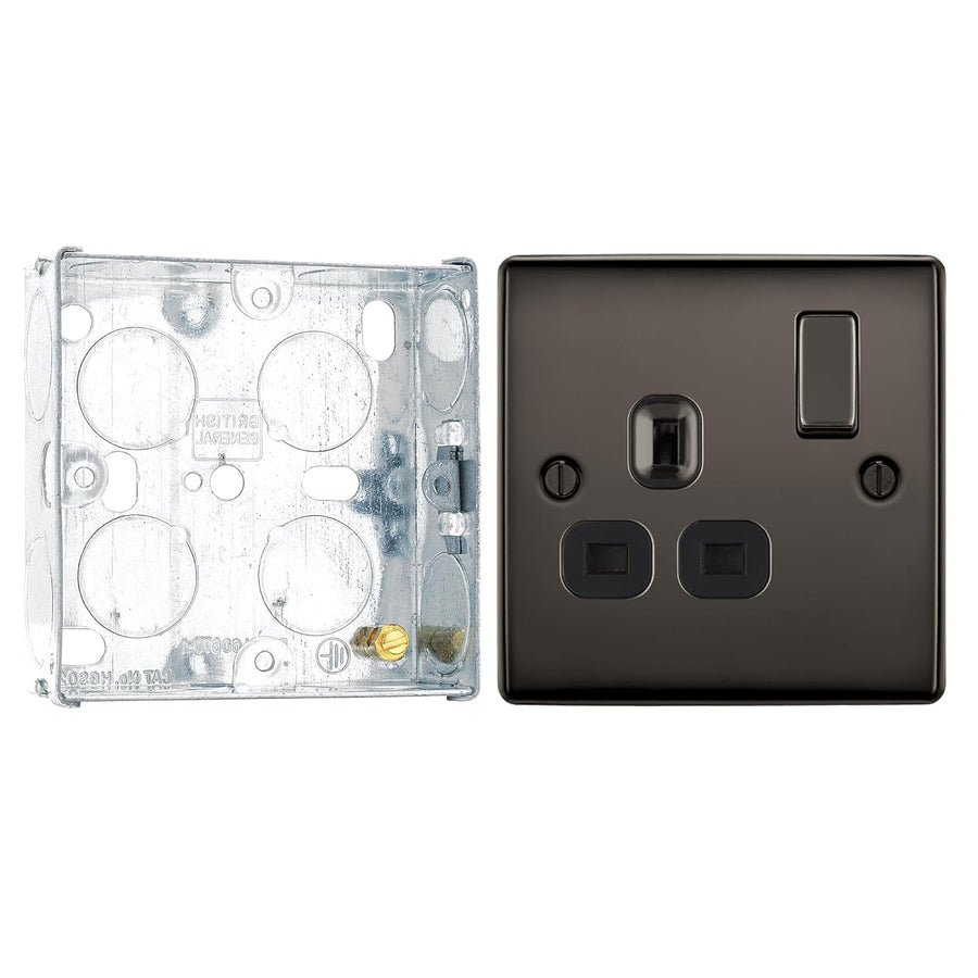 BG Nexus Black Nickel 13A Switched Single Socket NBN21B and 25mm Steel Back Box
