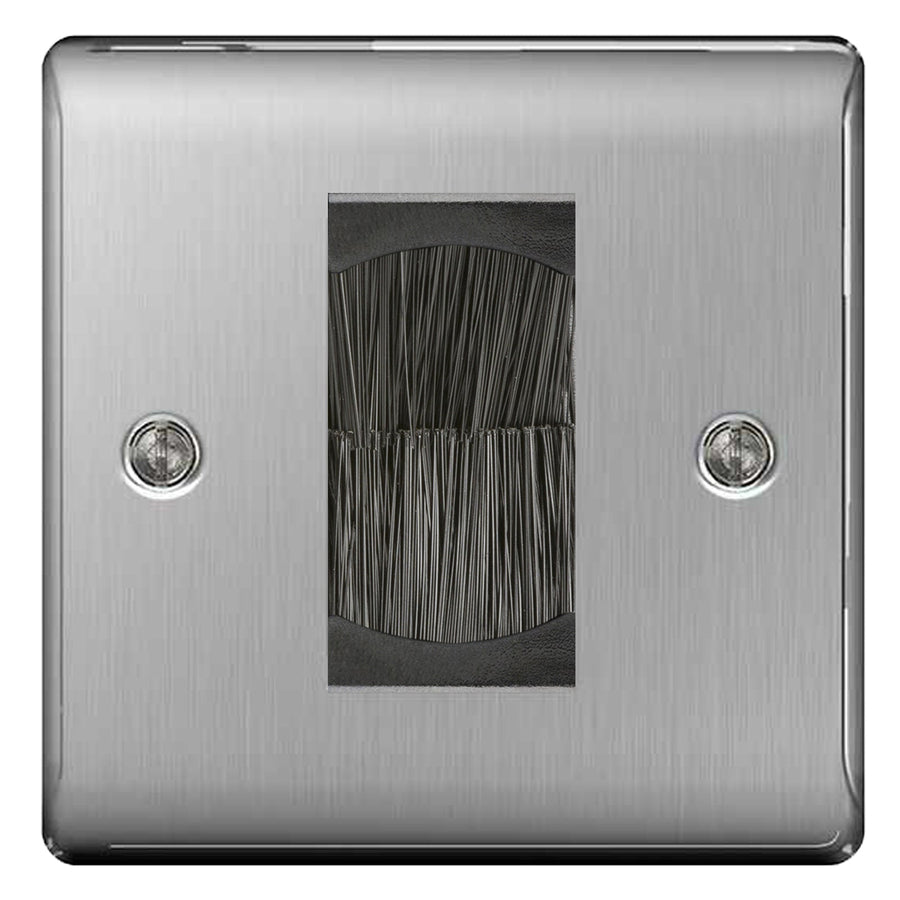 BG Brushed Steel Satin Single 1 Gang Brush Cable Entry Wall Plate Black