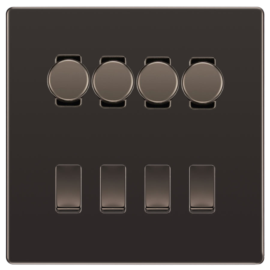 BG Screwless Black Nickel 8 Gang Switch 4x Trailing Edge LED Dimmer 4x 2Way Custom Switch