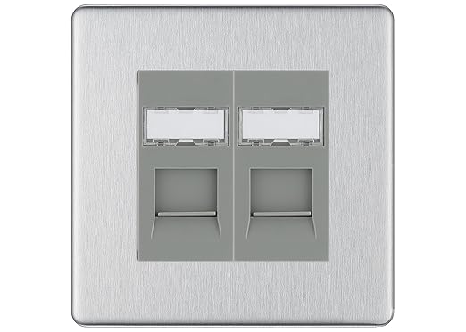 BG Screwless Brushed Steel 2 Gang RJ45 Data Socket FBSRJ452G Grey Inserts
