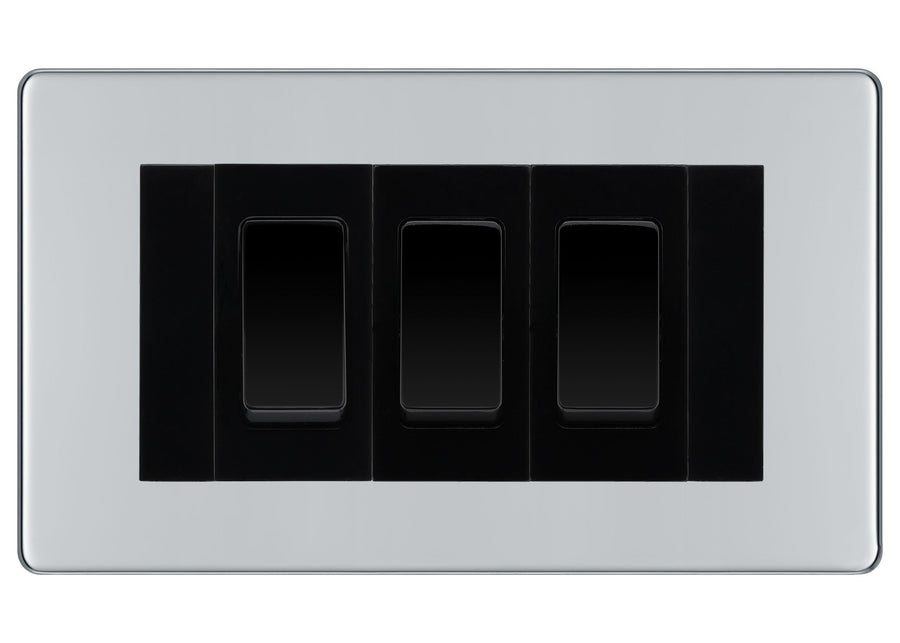 BG Polished Chrome Screwless 3 Gang Intermediate Light Switch Custom Grid - Black Insert