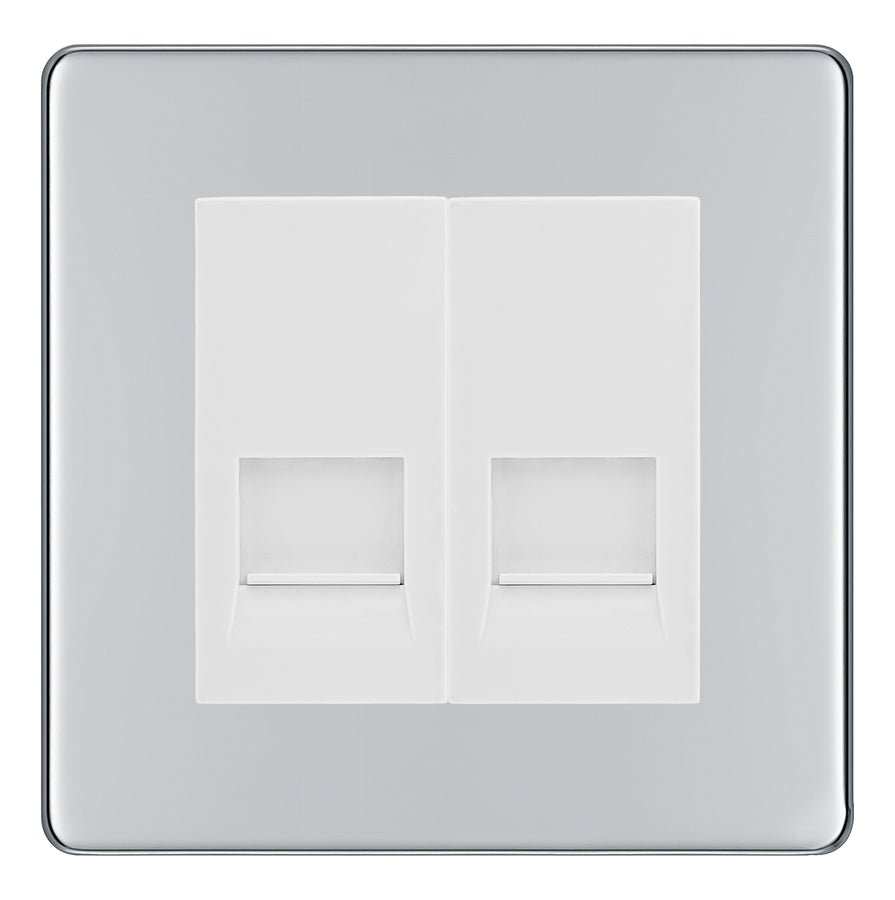 BG Screwless Polished Chrome Double Master Telephone Socket – White Insert