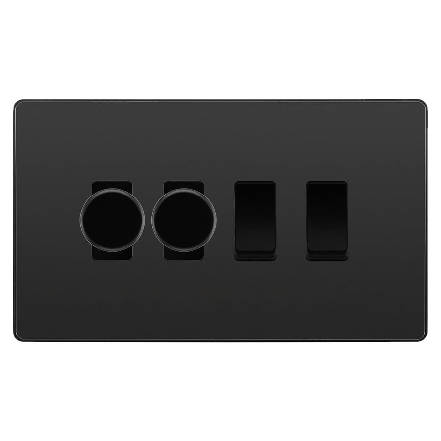 BG Evolve Black Chrome 4 Gang Light Switch 2x Trailing Edge LED Dimmer 2x 2 Way Custom Switch