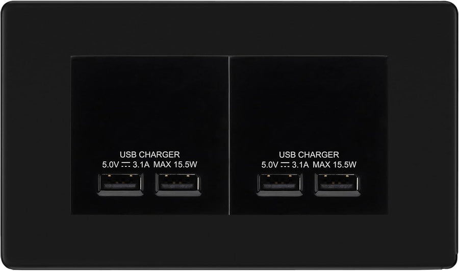 BG Screwless Matt Black 4G Euro Plate with 2X USB-A Dual Chargers – Black Insert