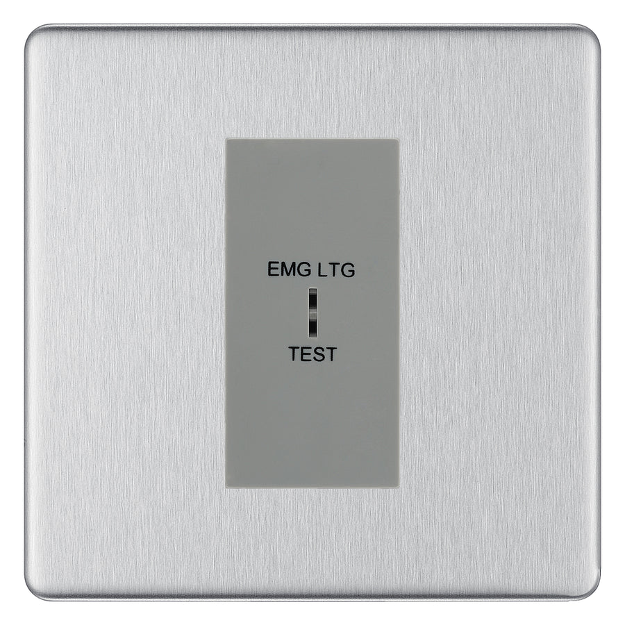 BG Flatplate Screwless Brushed Steel 20AX 2 Way Emergency Lighting Test Key Switch - Key Included - Grey Insert