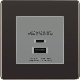 BG Black Nickel 45W USB Wall Socket Euro Module USB-A & C - Grey Insert