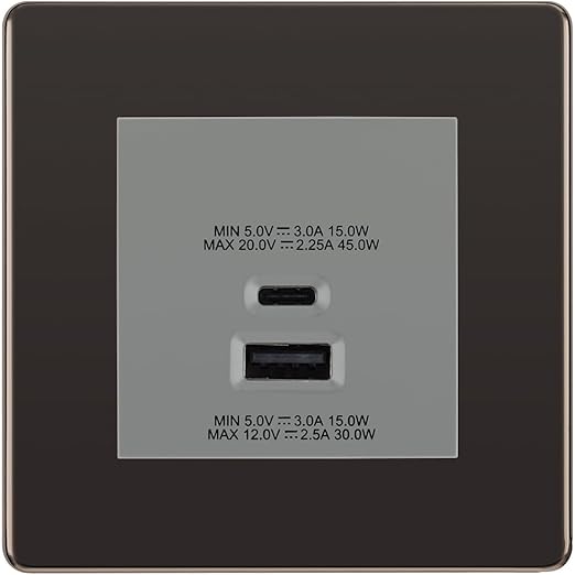 BG Black Nickel 45W USB Wall Socket Euro Module USB-A & C - Grey Insert