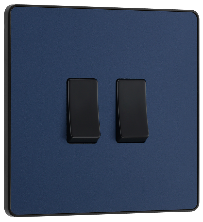 PCDDB42B Front - This Evolve Matt Blue 20A 16AX double light switch from British General can operate 2 different lights, whilst the 2 way switching allows a second switch to be added to the circuit to operate the same light from another location (e.g. at the top and bottom of the stairs).