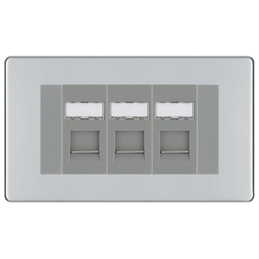 BG Screwless Polished Chrome 3 Gang RJ45 Cat6 Data Socket Outlet Grey Inserts
