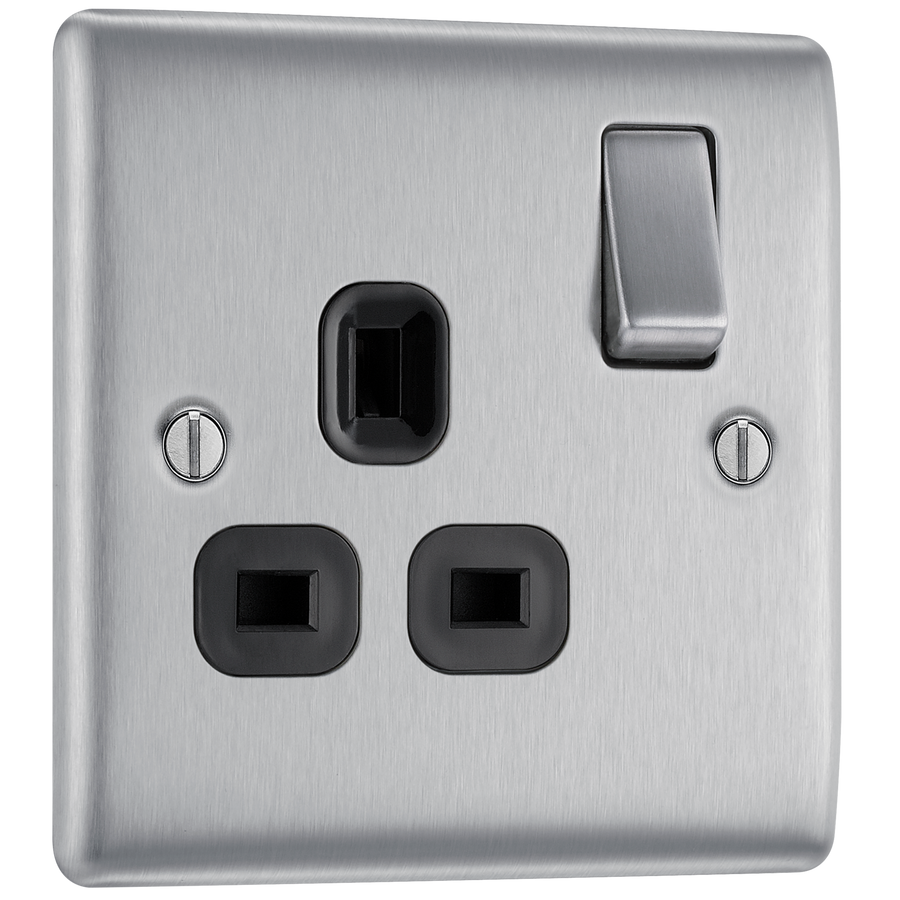 Ffe Outlets BG NBS21B Nexus Metal Brushed Steel 1 Gang 13A Switched Socket - Black ...