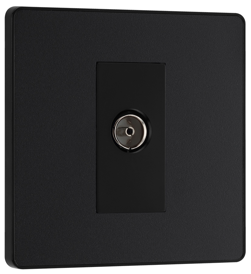 PCDMB60B Front - This Evolve Matt Black single coaxial socket from British General can be used for TV or FM aerial connections. This socket has a low profile screwless flat plate that clips on and off, making it ideal for modern interiors