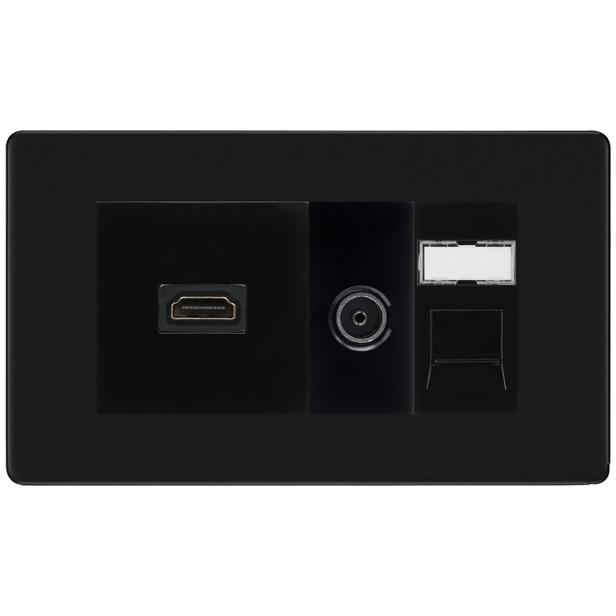 BG Screwless Matt Black Media Wall Plate TV Aerial, HDMI & CAT6 Outlet – Black Insert