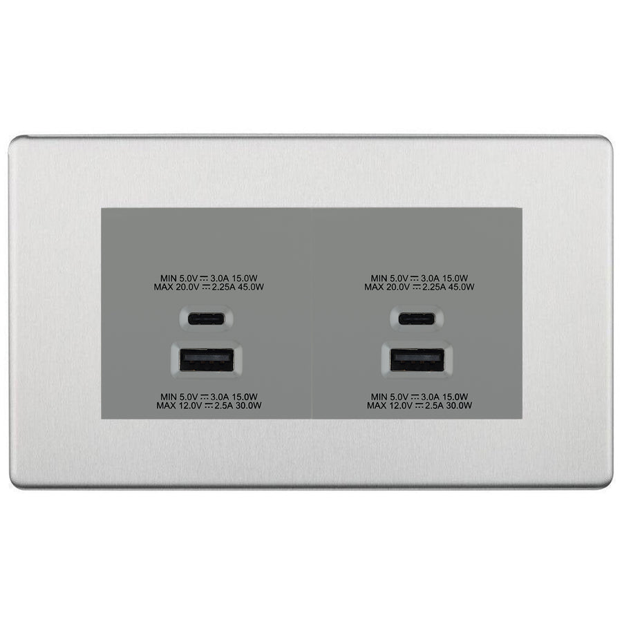 BG Screwless Brushed Steel 4G Faceplate with 45W USB A+C Charger Modules – Grey Insert