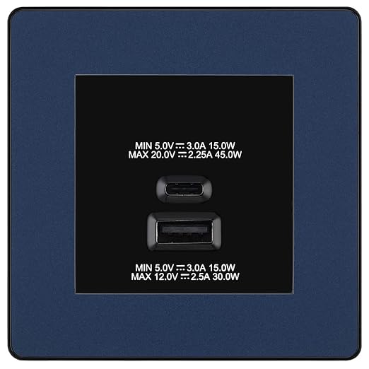 BG Evolve Matt Blue 45W USB Wall Socket Euro Module USB-A & C - Black Insert