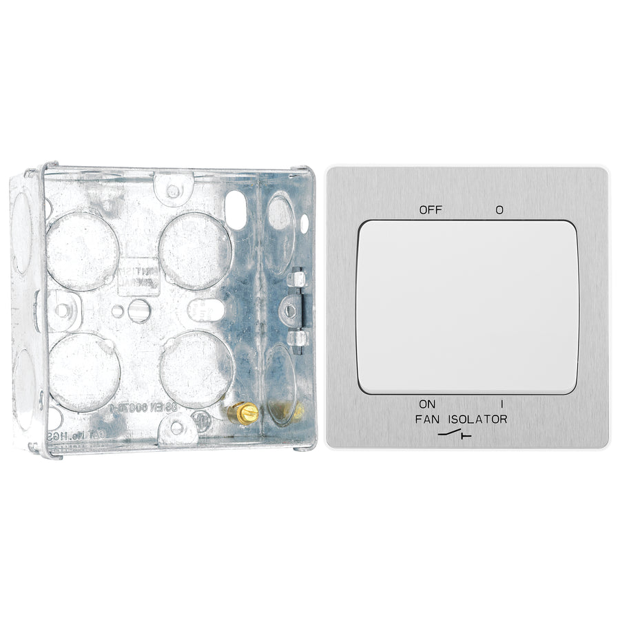 BG Evolve Brushed Steel Fan Isolator Switch PCDBS15W with 35mm Steel Back Box