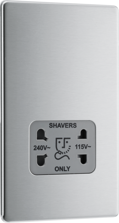 BG Electrical FBS20G Nexus Screwless Flat-Plate Shaver Socket Outlet Brushed Steel Grey Insert Dual Voltage 115V - 230V