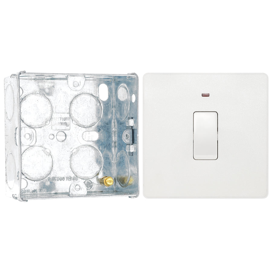 BG Evolve Pearlescent White 20A Double Pole Switch with Neon PCDCL31W with 35mm Steel Back Box
