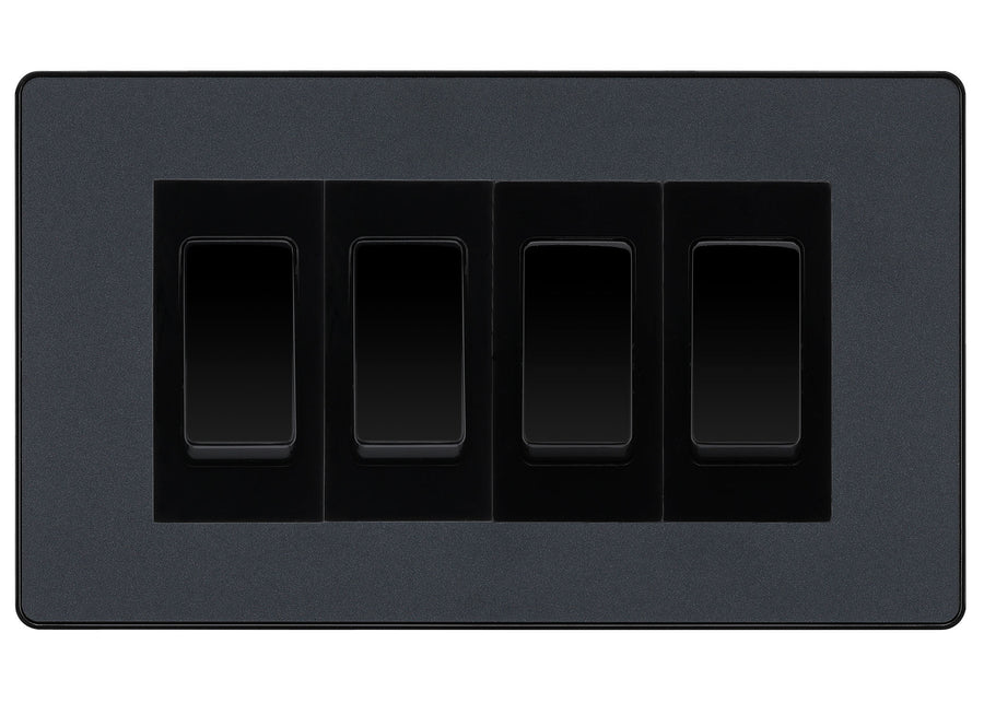 BG Evolve Matt Grey 4-Gang Light Switch 2x 2-Way + 2x Intermediate – Black Inserts