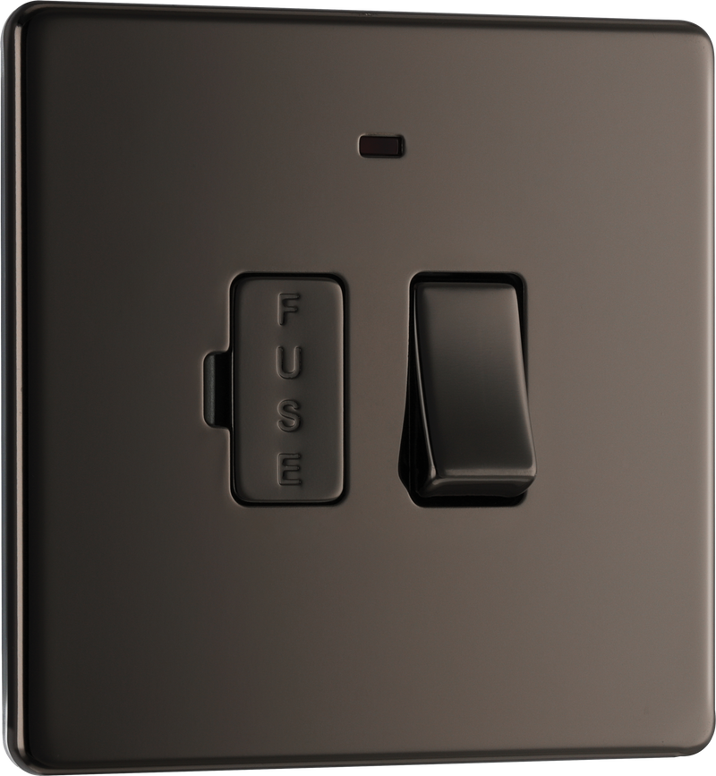 Newlec British General FBN52 Nexus Flatplate Screwless Black Nickel 13A 2 Pole Neon Switched Fused Spur Unit