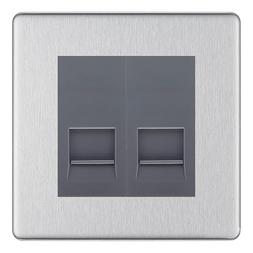 BG Screwless Brushed Steel Double IDC Secondary Telephone Socket - Grey Insert