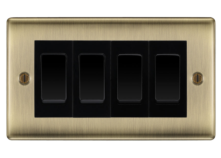 BG Nexus Antique Brass 4-Gang Light Switch 2x 2-Way + 2x Intermediate – Black Inserts