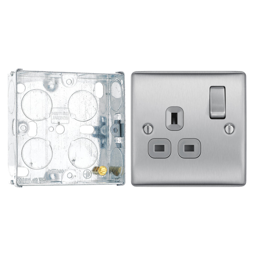 BG Nexus Metal Brushed Steel 13A Single Socket NBS21G with 25mm Steel Back Box