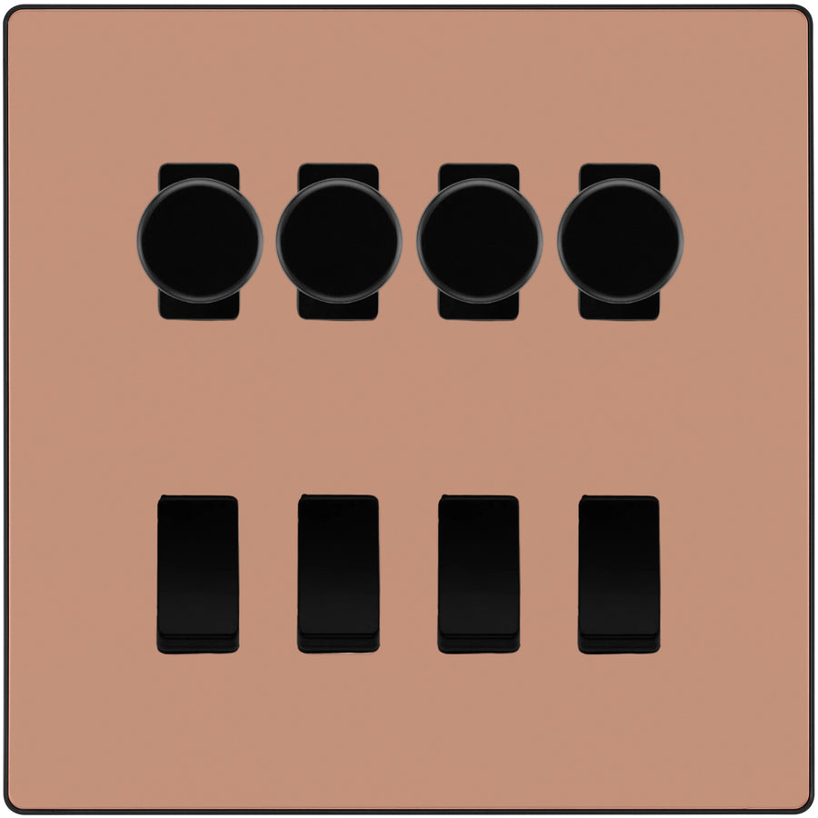 BG Evolve Polished Copper 8 Gang Switch 4x Trailing Edge LED Dimmer 4x 2Way Custom Switch