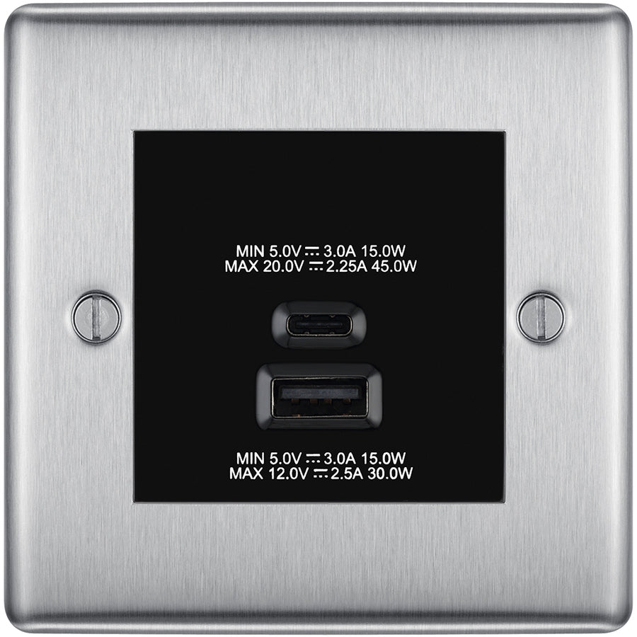 BG Nexus Brushed Steel 45W USB Wall Socket Euro Module USB-A & C - Black Insert