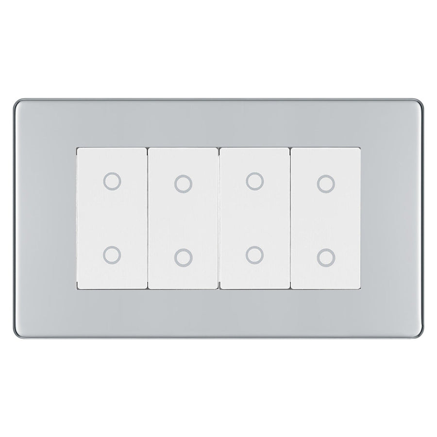 BG Nexus Screwless Polished Chrome Quad Secondary Touch Dimmer Switch White Inserts FPCTDS4W