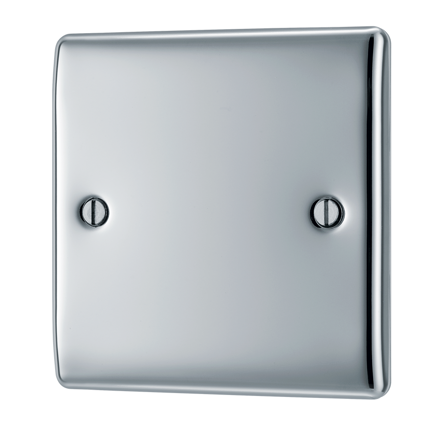 NPC94 Front - This premium polished chrome finish single blank plate from British General is ideal for covering unused electrical connections and has a sleek and slim profile, with softly rounded edges to add a touch of luxury to your decor.