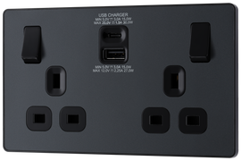 BG PCDMG22UAC30B Matt Grey Evolve 2 Gang 13A 1x A 27W 1x C 30W-Black Insert