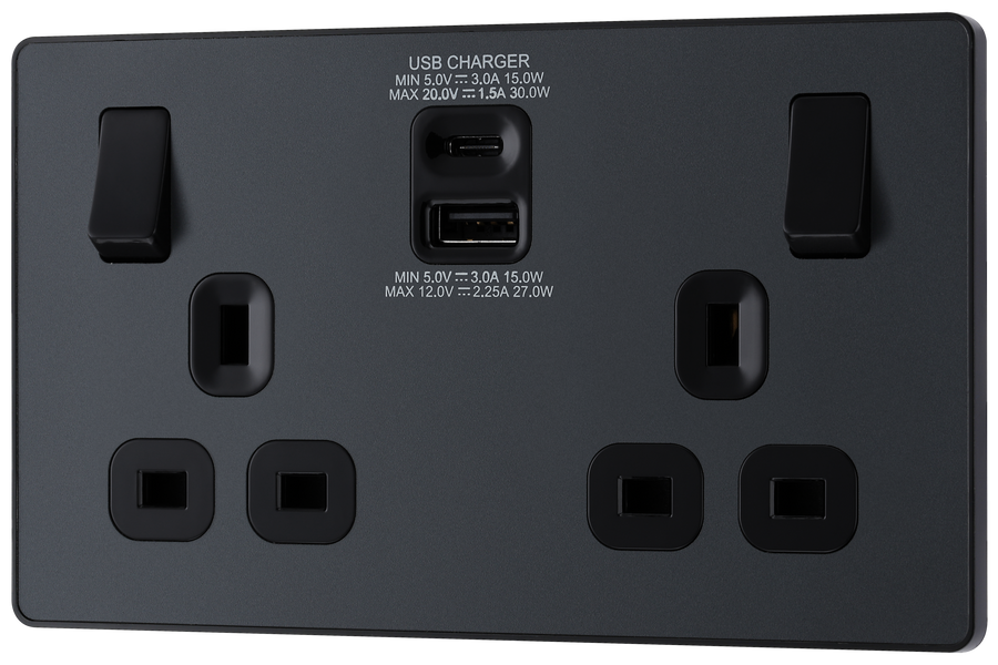 PCDMG22UAC30B Front - This Evolve Matt Grey 13A power socket from British General with integrated fast charge USB-A and USB-C ports delivers a 50% charge to mobile phones in just 30 minutes.