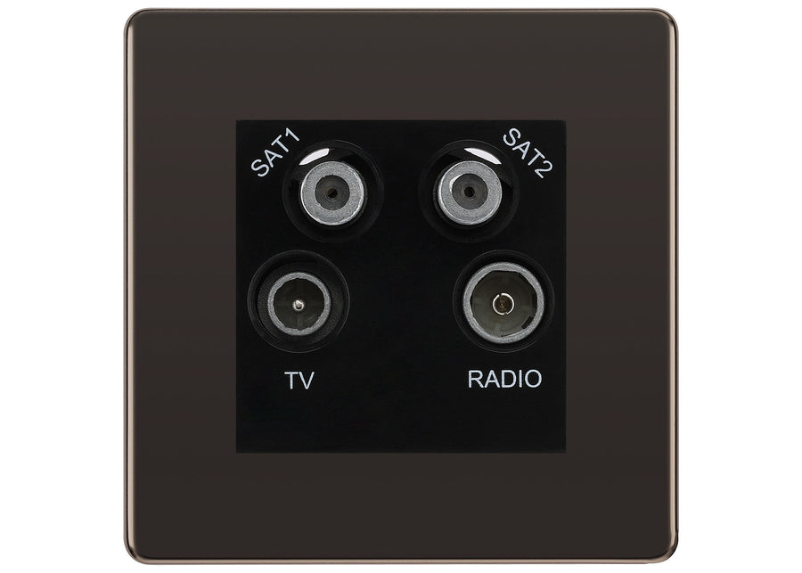 BG Screwless Black Nickel TV/FM/2x SAT Quadplex Socket – Black Insert