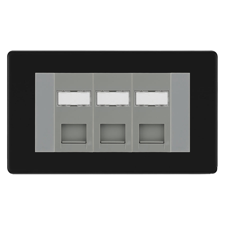BG Screwless Matt Black 3 Gang RJ45 CAT6 Data Socket Grey Inserts