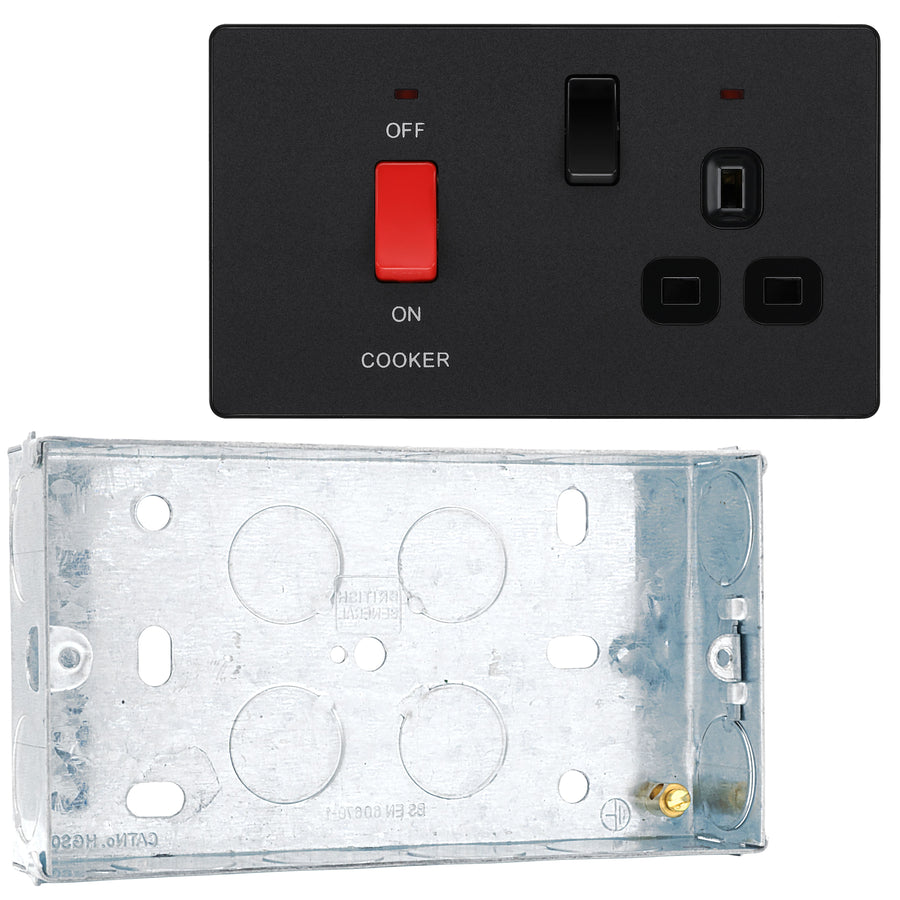 BG Evolve Matt Black 45A Switch 13A Switched Socket Cooker Control Unit PCDMB70B with 25mm Steel Back Box