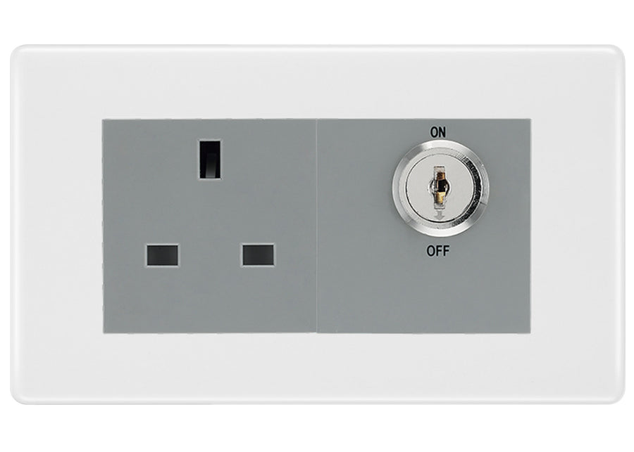 BG White Moulded 13A Double Pole Key Controlled Socket – Grey Inserts